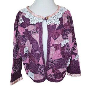 Vintage Womens L XL Mauve Purple Patchwork Quilted Cardigan Jacket 1 Button Lace